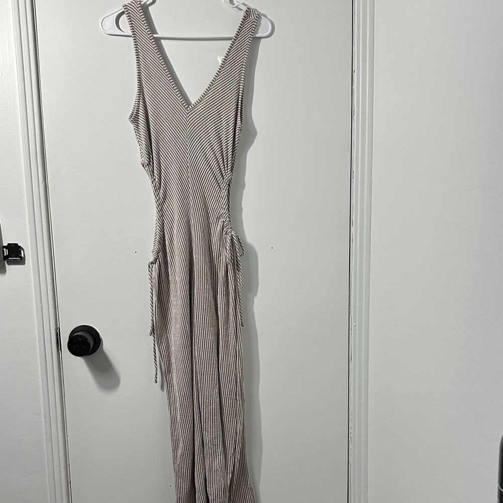 Striped V-Neck pant romper/jumpsuit - Tan and White